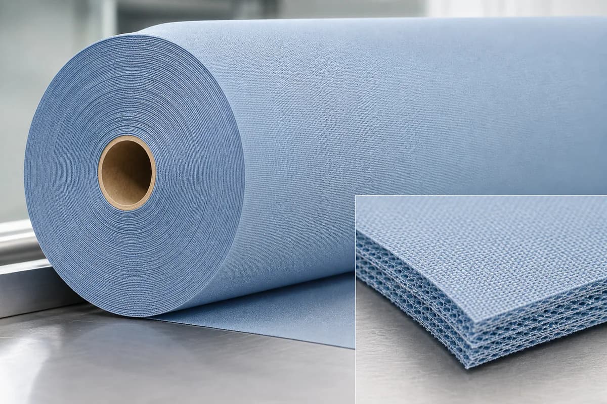 SSB Triple Layer Forming Fabric (High-Speed Dewatering) overall view — 2/5 Satin SSB (Surface-Support-Binder) triple-layer structure. Paper side: 2-satin plain weave. Wear side: 5-satin weave. Integrated SSB binder system joins the layers without exposure on the sheet side. PET and PA monofilament. Paper side: 0.15 mm PET warp, 0.15 mm PET + 0.15 mm PA weft. Wear side: 0.20 mm PET warp, 0.35 mm PET + 0.35 mm PA weft. structure