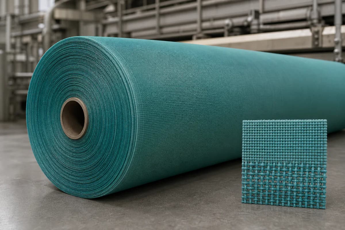 SSB4500 Triple Layer SSB Forming Fabric (High Fiber Retention) overall view — 2/5 Satin SSB (Surface-Support-Binder) triple-layer structure. Paper side: 2-satin plain weave at 61.0-63.0 yarns/cm for maximum fiber retention. Wear side: 5-satin weave. Integrated SSB binder system joins the layers without exposure on the sheet side. PET and PA monofilament. Paper side: 0.15 mm PET warp, 0.15 mm PET + 0.15 mm PA weft. Wear side: 0.20 mm PET warp, 0.30 mm PET + 0.30 mm PA weft. structure